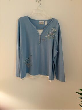 Alfred Dunner Light Blue Embroidered Layered-Look Henley Top